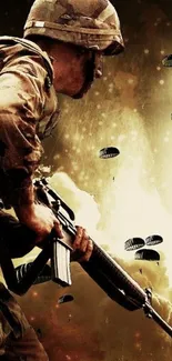 Soldier with parachutes in dramatic combat scene wallpaper.