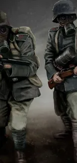 WWI soldiers in gas masks with rifles, art wallpaper.