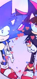 Sonic and Shadow cartoon wallpaper with heart accents.