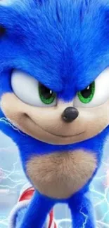 Sonic in dynamic electric action with a vibrant blue theme.