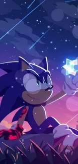 Sonic character in night sky with vibrant digital art.