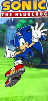 Sonic the Hedgehog jumps energetically in a lush green setting.