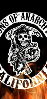 Sons of Anarchy wallpaper with flames and reaper logo.