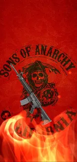 Bold red Sons of Anarchy wallpaper with skull design.