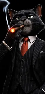 Cartoon cat in a suit smoking a cigar, dark background.