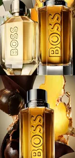 Luxurious fragrance bottles elegantly displayed with a golden hue background.