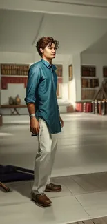 A young man stands in a serene library with bookshelves.