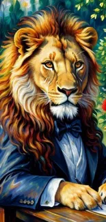 Elegant lion in a suit with floral background.