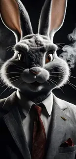 Animated rabbit in suit with smoke on dark background.