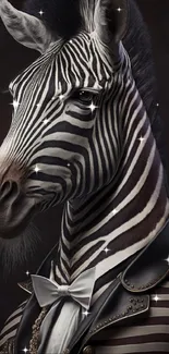 Zebra wearing an elegant suit and bow tie in a stylish art design.