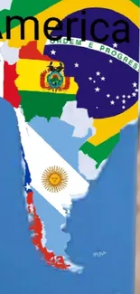 South America map with country flags displayed vibrantly on a mobile wallpaper.