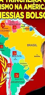 Colorful South America map with political figure and symbols.