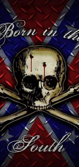 Southern skull and crossbones wallpaper with red and blue background.