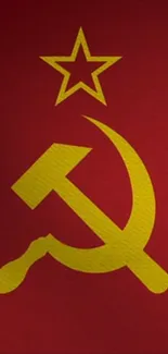 A red wallpaper with a yellow hammer and sickle symbol overlaid.