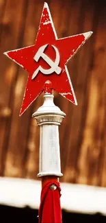 Red star with hammer and sickle emblem on a wooden background.