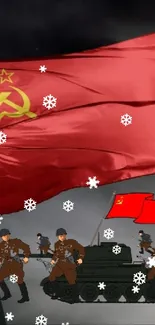 Soviet red flag with soldiers in dramatic sky.