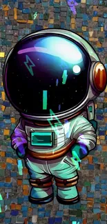 Colorful cartoon astronaut with mosaic background.