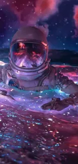 Astronaut in a vibrant, colorful cosmic sea with a mysterious galaxy background.