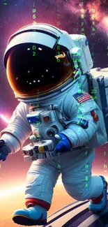 Astronaut walking in a vibrant space scene with cosmic background.