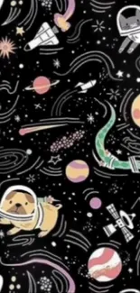 Cartoon astronauts and planets in a starry cosmic theme wallpaper.