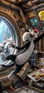 Cartoon cat and bird in space adventure.