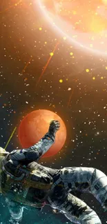 Astronaut in space with planets and sun glowing backdrop.