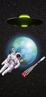 Astronaut, UFO, and Earth in space backdrop wallpaper.