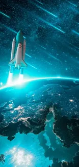 A rocket launching above Earth with shooting stars in a teal sky.