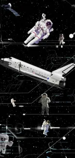 Wallpaper with astronauts and space shuttle on a starry black background.