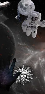 Astronaut exploring space with planets and cosmic scenery in a dynamic wallpaper.