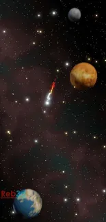 Mobile wallpaper of a rocket flying through a starry galaxy with planets in view.