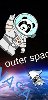 Cartoon panda and astronaut in space with Earth view wallpaper.