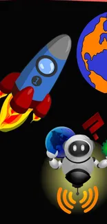 Colorful rocket and robot orbiting Earth.