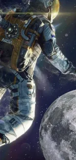 Astronaut floating near the moon in a starry space scene.