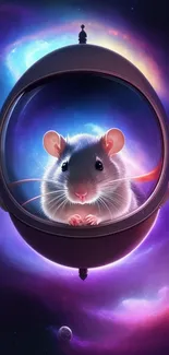 Cute mouse in space capsule against a vibrant galaxy background wallpaper.