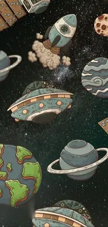 Colorful cartoon space wallpaper with planets and spaceships.