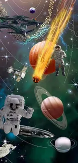 Astronauts and planets cosmic wallpaper.