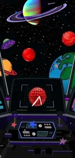 Space-themed wallpaper showing planets from a spaceship cockpit.