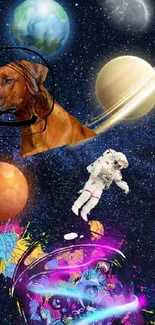 Vibrant space wallpaper with planets and an astronaut floating.