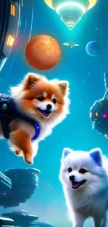 Cute dogs in futuristic space setting with vibrant planets and spaceships.