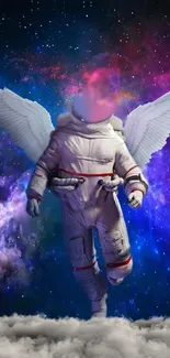 Astronaut with wings in a colorful cosmic setting wallpaper.