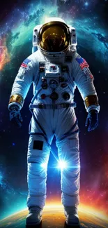 Astronaut standing against a vibrant cosmic background with stars and nebulae.