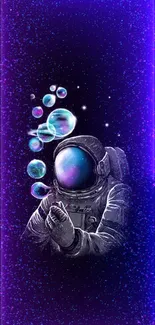 Astronaut blowing bubbles in a cosmic purple galaxy.