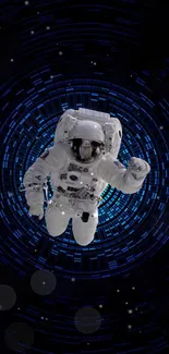 Astronaut in space with dark blue digital backdrop.