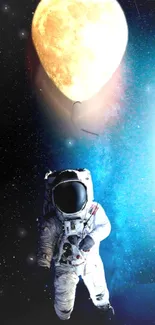 Astronaut floating under a moon balloon in space wallpaper.