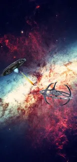 Alien spaceships battling in colorful nebula space scene.