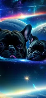 Bulldogs in a cosmic space adventure artwork.