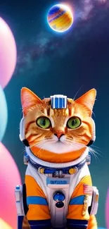 Cute cat astronaut in space with colorful planets.