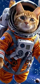 Adorable cat dressed as an astronaut floating in space