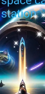 Cosmic scene with a space cat and futuristic station in the galaxy.